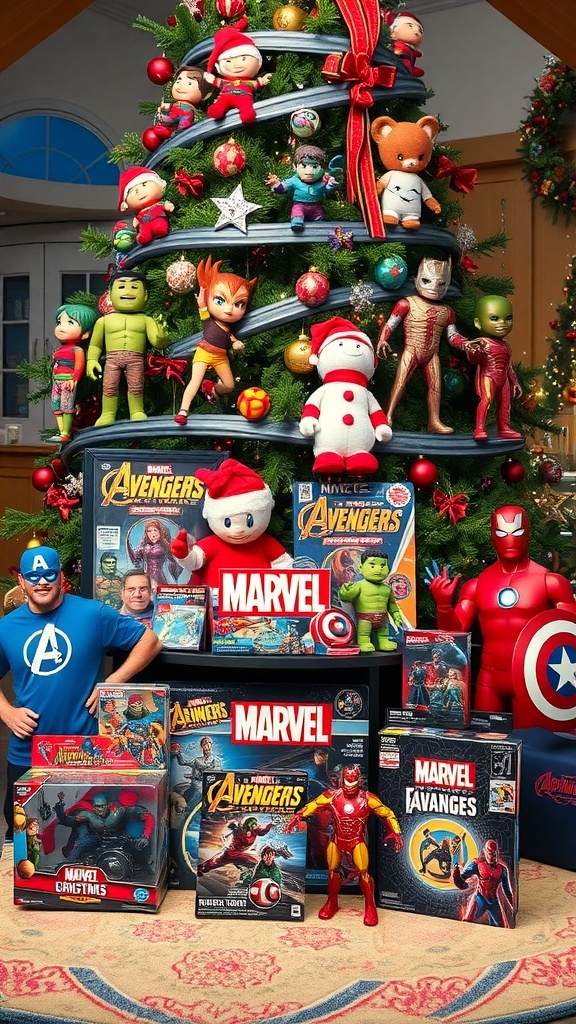A collection of Marvel-themed gifts under a Christmas tree, including action figures, comics, and apparel.